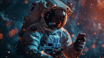 Astronaut, man floating in space play with smartphone first person view - obrazy, fototapety, plakaty
