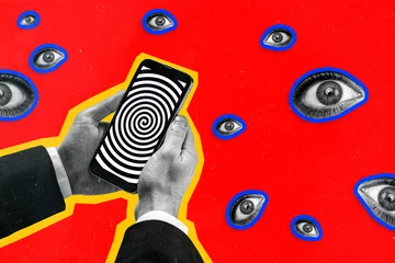 Gordijnen Collage artwork of addicted user arm hold smart phone hypnotic screen watching spying eyes isolated on creative background © deagreez