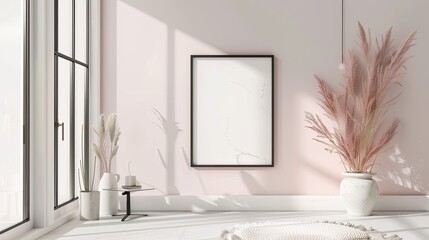 a female room exuding an airy, summery vibe, featuring light pink and black decorations, offering a clean and refreshing atmosphere with an empty, clean, and clear poster frame.