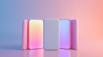 3D Rendering of Three Mobile Phone Mockups on Gradient Pastel Background, Showcasing Minimalist Design and Clean Lines