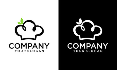 Creative leaf with Chef hat vector outline logo. Kitchen simple black icon.