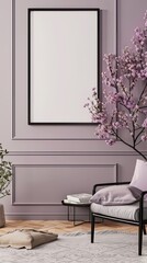 a female room exuding an airy, summery vibe, featuring light purple and black decorations, offering a clean and refreshing atmosphere with an empty, clean, and clear poster frame.