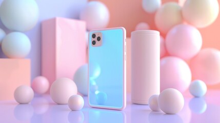Pastel Blue iPhone with Spheres on Minimalist Gradient Background: High Product Photography