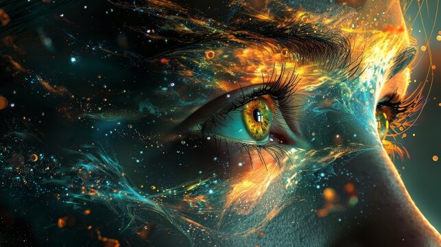 Fototapeta An exquisite digital art portrayal of an eye, beautifully detailed to encapsulate an entire universe within its gaze, accentuated by a constellation of vibrant colors and cosmic elements.