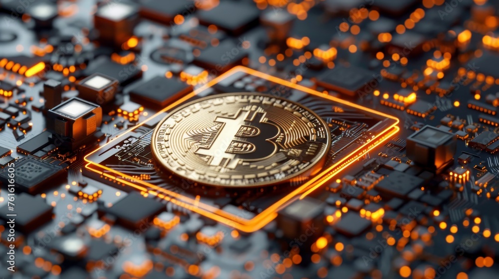 Poster a single bitcoin rests on a high-tech circuit board, symbolizing the digital nature of cryptocurrenc
