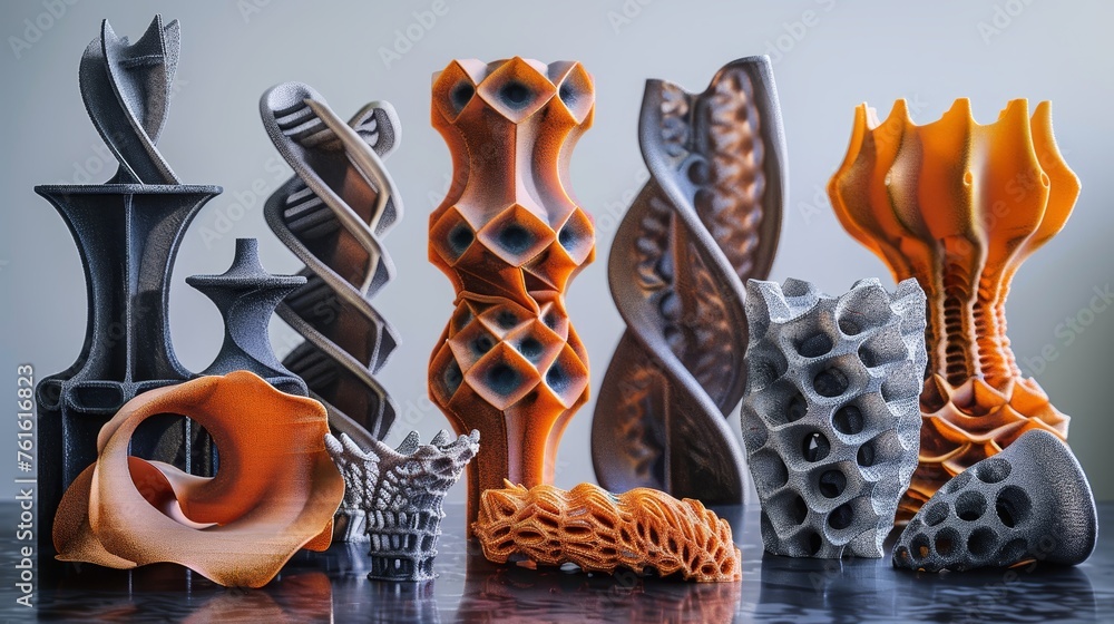 Aufkleber an array of complex 3d printed sculptures displaying an impressive variety of geometric and organic 