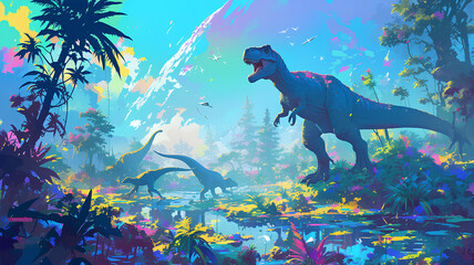 3d dinosaur world in nature, dinocore jungle background - obrazy, fototapety, plakaty