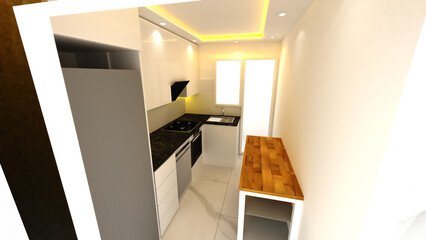 Modern Contemporary kitchen room interior . White and wood material. Real new interior design	

