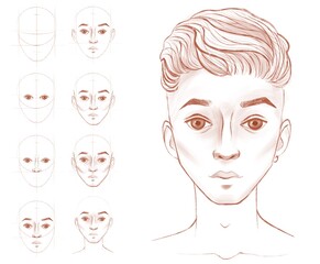 The face of a man. Head. Sketch. Tutorial.