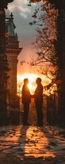 Against a backdrop of a setting sun, two diplomats shake hands outside a historic building, captured in silhouette lighting - obrazy, fototapety, plakaty