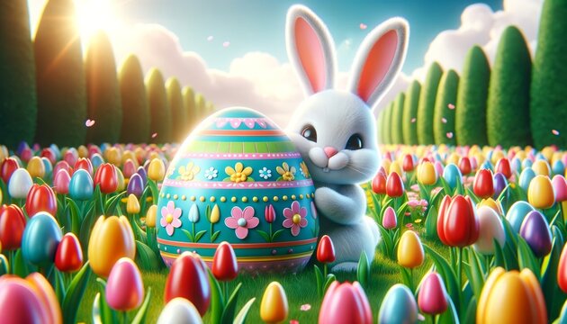 Easter Bunny is holding an Easter egg in a field of flowers. The scene is bright and cheerful, with the rabbit and the eggs adding a sense of playfulness and joy to the image