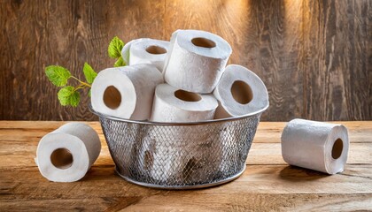 Soft toilet paper rolls in metal basket on wooden table, closeup. high quality photo - 761617662
