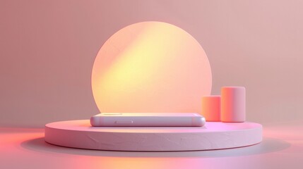 Smartphone on Soft Pastel Egg-Shaped Podiums with Floating Glowing Lamp