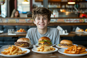 Happy boy, restaurant table, many plates with different fast food on the table. Food court. Unhealthy food concept.