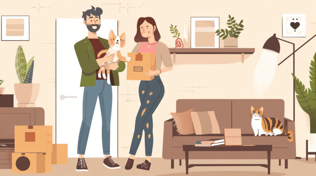 Happy young couple moving in new apartment holding cat, living room cardboard boxes, sealed furniture.