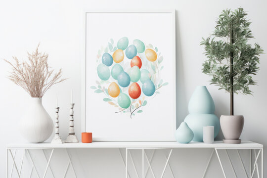 A white frame with a colorful design of eggs and balloons. The frame is on a white shelf with other decorative items. Easter celebration and spring renewal concept.
