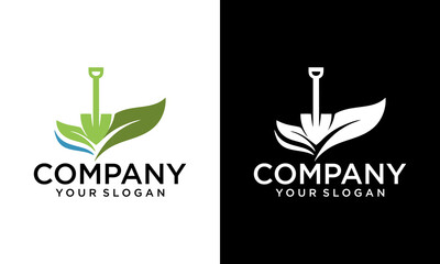 Creative agriculture Shovel Leaf Logo Design Vector