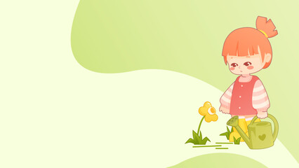 little child with watering can. seasonal spring illustration  on green background. cute character design pc wallpaper