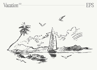 Sailboat on tropical beach with palm trees and seagulls. Hand drawn vector illustration. - 761618469