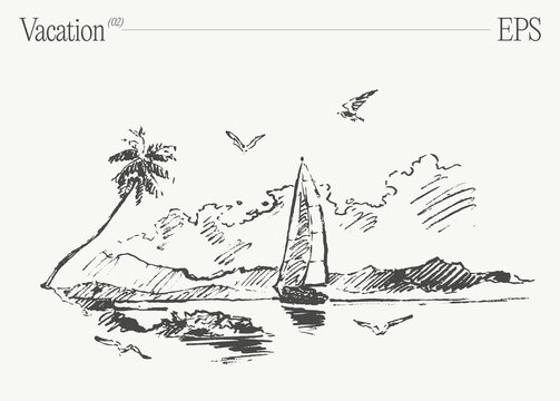 Sailboat on tropical beach with palm trees and seagulls. Hand drawn vector illustration.