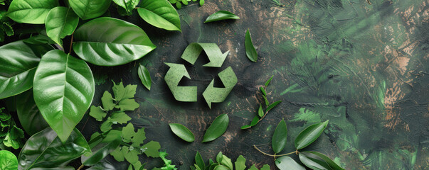 Recycling symbol cut from leaves on a textured green background surrounded by various foliage. The natural cycle of life and the crucial role of recycling in environmental sustainability.