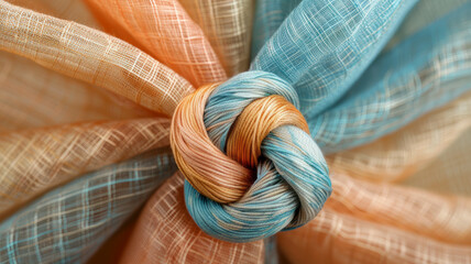 Close-up of a knotted colorful fabric. - obrazy, fototapety, plakaty