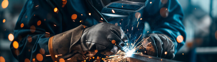 An industrial worker in protective gear is focused on welding metal, with bright sparks and smoke around him - obrazy, fototapety, plakaty