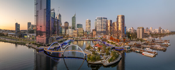 Panoramic sunset view of Elisabeth Quay in Perth from drone viewpoint - 761619089
