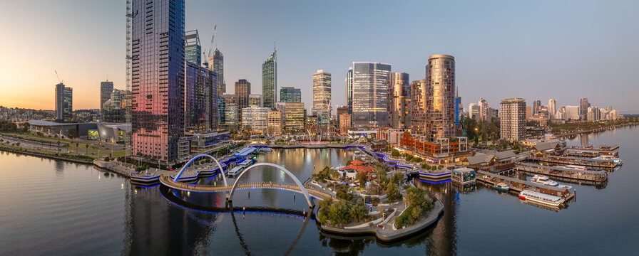 Panoramic sunset view of Elisabeth Quay in Perth from drone viewpoint