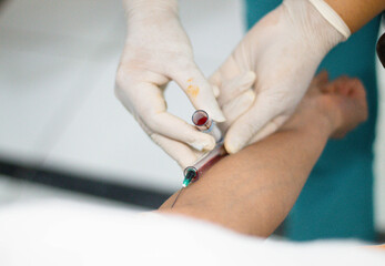 Doctora sacando muestras de sangre del brazo para un análisis de sangre,evaluación paciente - obrazy, fototapety, plakaty