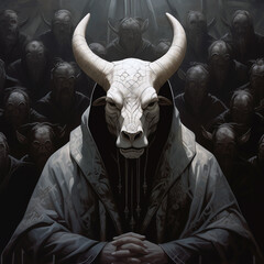 Robed figures, their faces lost in shadow, worshiping a calf god. A powerful bull-headed leader stands at the center of this eerie ritual. AI-generated