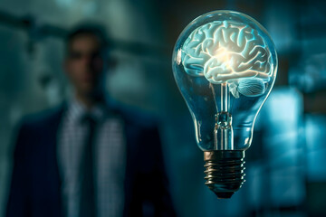 Brain in a light bulb, using thoughts and ideas in work, analysis and planning financial data for doing business and investing