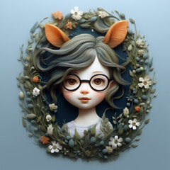 A little girl with deer ears behind a frame of wildflowers. An innocent kid wearing glasses surrounded by flowers in a dreamy illustration. AI-generated