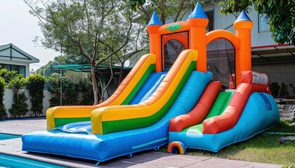 Colorful Bounce House Water Slide in the Backyard for Kids' Playground