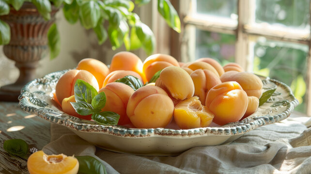 A bowl of apricots on a table near a window