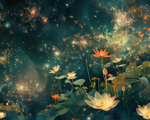 Fototapeta na wymiar An arboretum floating in space cosmic gardeners cultivate starflowers and comet vines