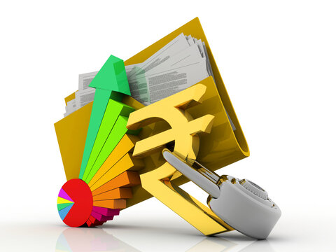 3d rendering Stock market online business concept. business Graph with folder near indian rupee protected lock