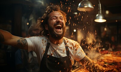 Man With Beard Cooking in Messy Kitchen - obrazy, fototapety, plakaty