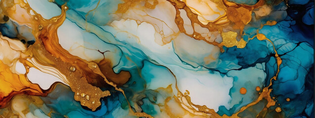 Alcohol ink abstract painting characterized by its natural luxury, with a graceful interplay of colors creating transparent waves and shimmering golden swirls, offering a captivating visual experience - obrazy, fototapety, plakaty