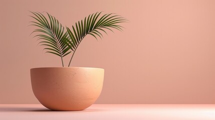 Fototapeta na wymiar 3D Rendered Minimalistic Palm Plant in Peach Toned Clay Pot