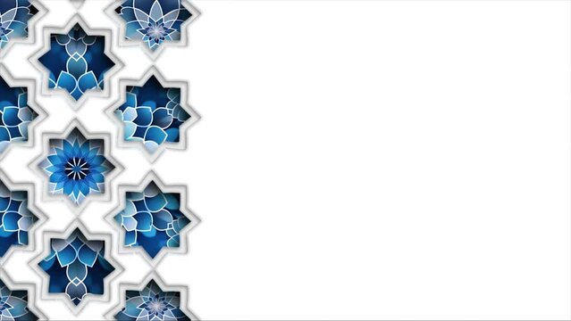 Traditional blue pattern moving arabic pattern with ornamental geometric star, arabesque through luxury gold decorative star shape . Texture Ramadan video background