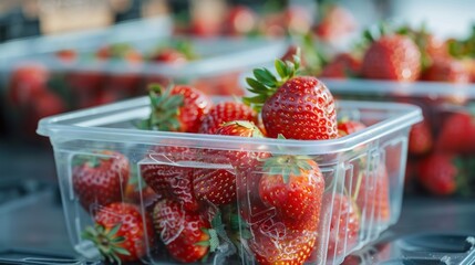 Freshly picked strawberries in a plastic container, Refreshing and nutritious snack - Powered by Adobe