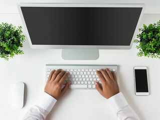 A first person pov shot of a white, dual monitor computer screen unruly corporate desk with a keyboard and gentle typing hands 