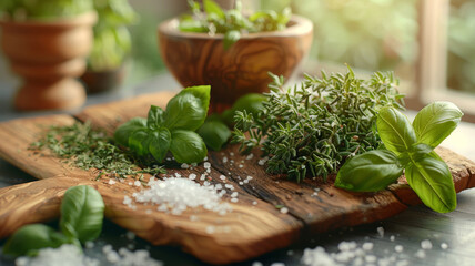 Fresh basil and thyme on cutting board