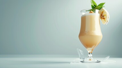 a health protein banana and peanut butter shake with almond milk, presented in a transparent, high modern cocktail glass, adorned with a mint leaf atop, leaving ample empty space for text. - obrazy, fototapety, plakaty