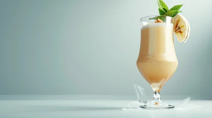  a health protein banana and peanut butter shake with almond milk, presented in a transparent, high modern cocktail glass, adorned with a mint leaf atop, leaving ample empty space for text. © lililia