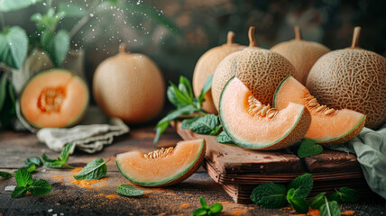 Cantaloupe slices with mint on a table.
