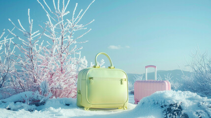 Against the tranquil beauty of a winter landscape, a makeup artist's chartreuse cosmetic bag adds a burst of energy next to a delicate pink suitcase, signaling the start of a creative journey.