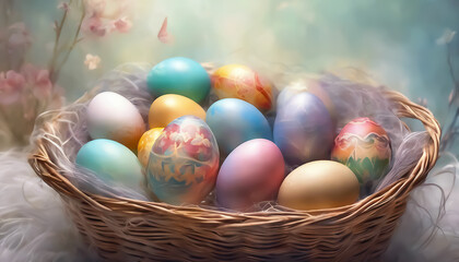 Fototapeta na wymiar Easter eggs in a basket. Colored eggs Festive Easter background. AI generated