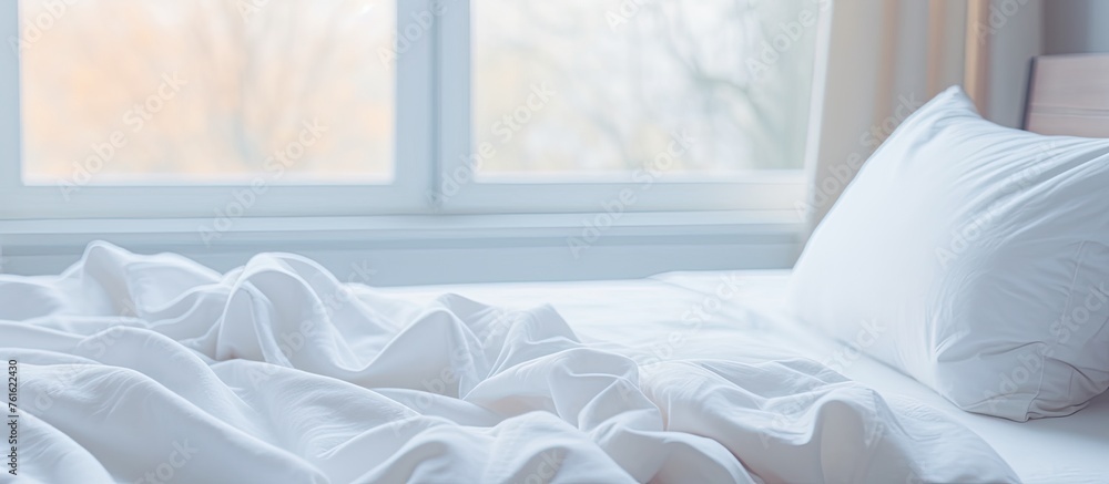 Aufkleber a white bed with matching linens and pillows placed in front of a large window with freezing tempera